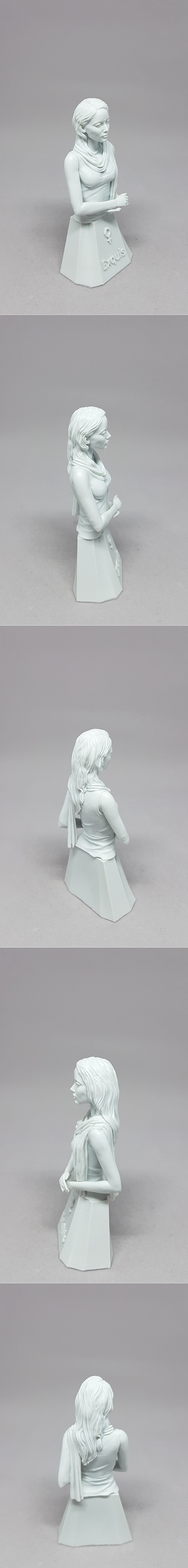 3D printable bust of a serene woman named Saanvi, wearing a scarf and simple dress, hands clasped, with 'Exquis' insc...
