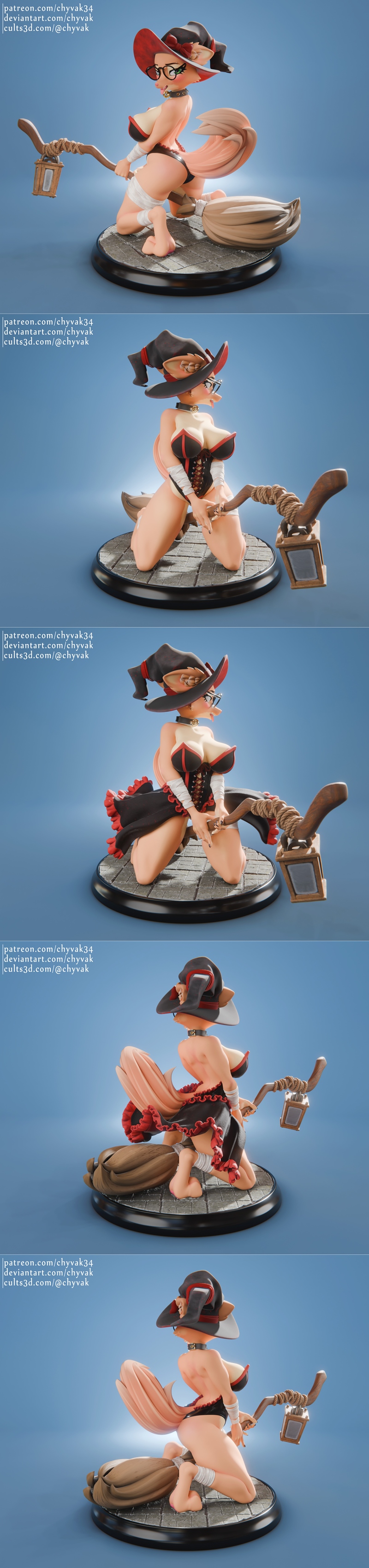 Anthropomorphic fox witch Diane Foxington riding a broomstick, holding a lantern, wearing a witch hat and glasses, on...