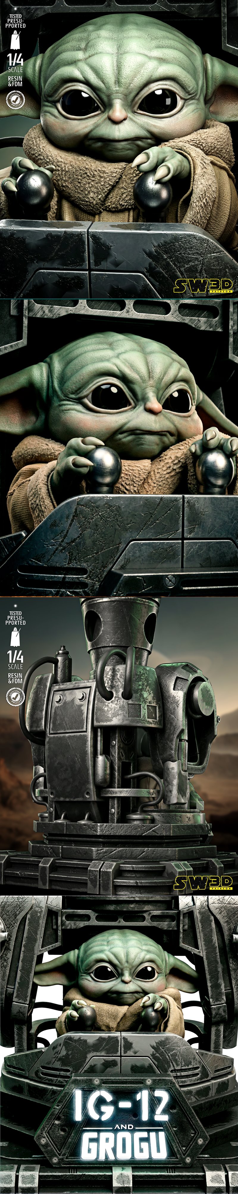 3D model bust portrait of IG-12 droid holding Grogu, with 'IG-12 AND GROGU' illuminated on the base. 1/4 scale, teste...