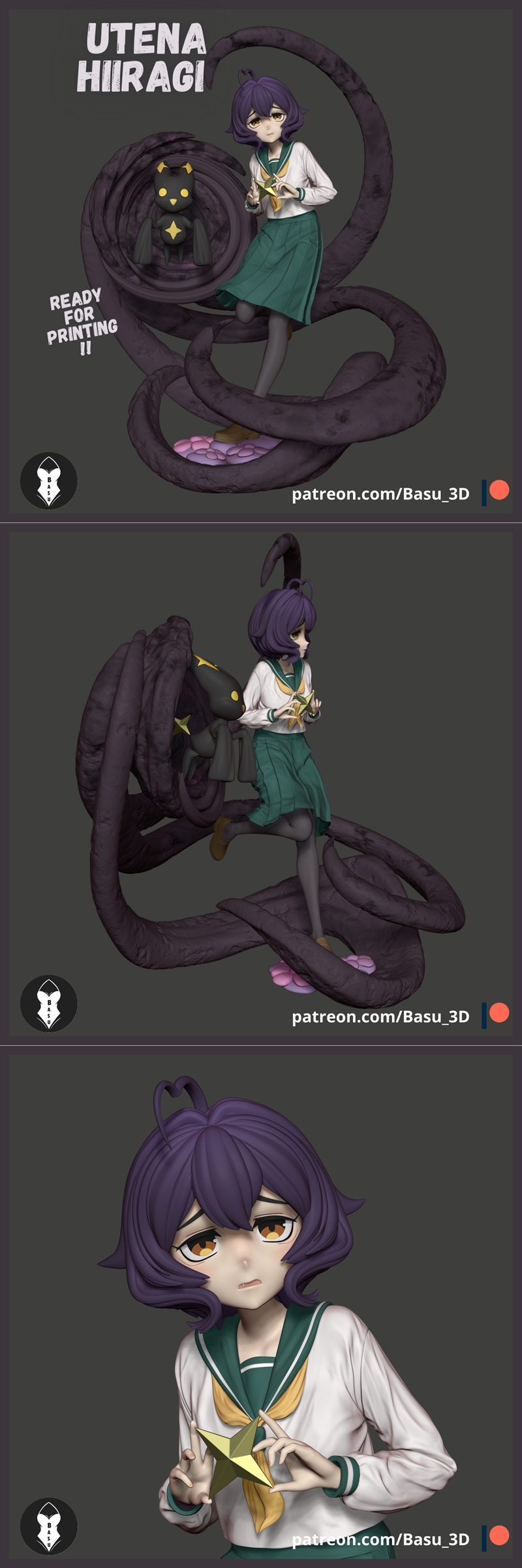 3D printable figure of Hiiragi Utena in anime style, wearing a school uniform and backpack, surrounded by dark tentac...