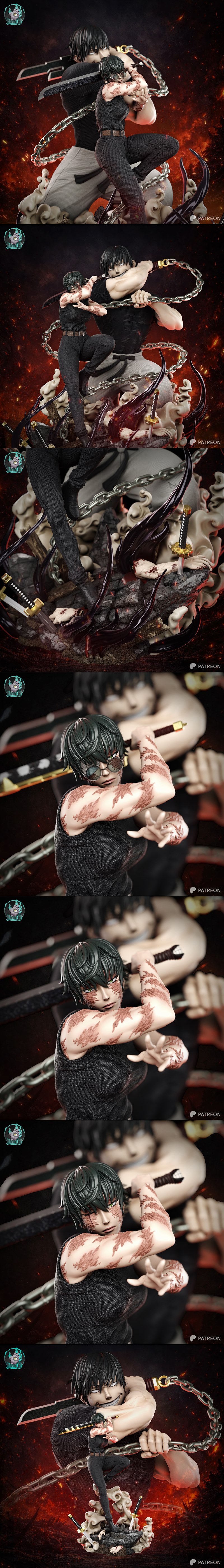 3D print figure of Maki Zenin and Toji Zenin from Jujutsu Kaisen, posed in combat with swords and chains.