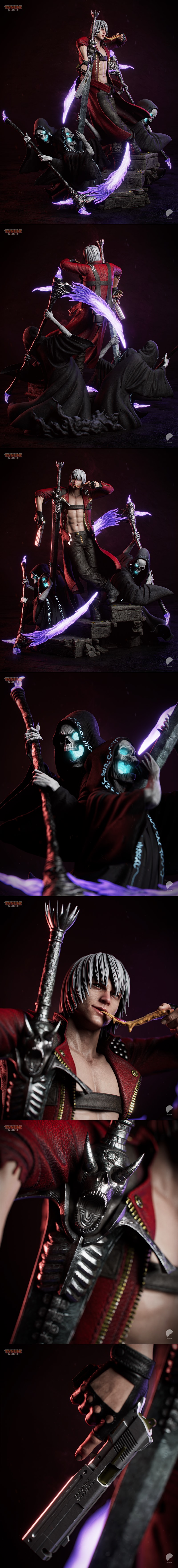 Dante from Devil May Cry, a demon hunter with white hair and a red coat, stands heroically with a large sword and pis...