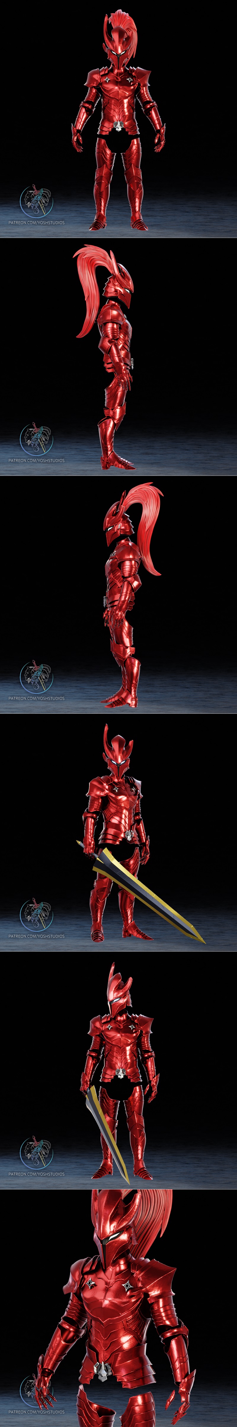 Two full-body 3D models of Igris Armor from Solo Leveling: one in metallic red, the other in black with white glowing...
