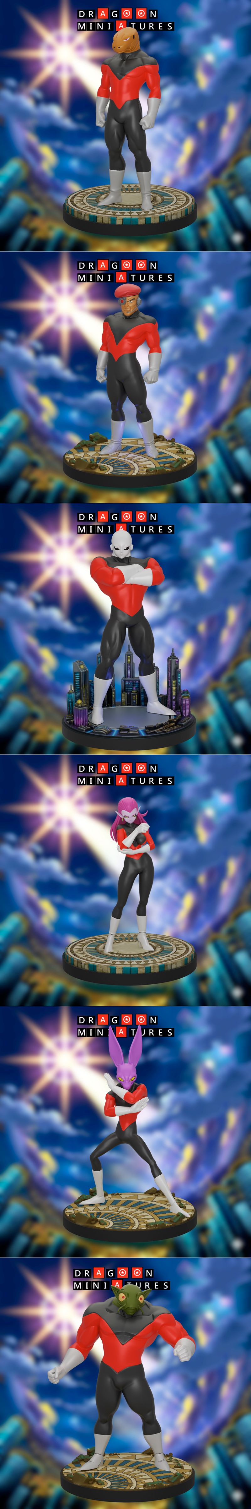 Collection of Dragon Ball Super Universe 11 character miniatures by Dragoon Miniatures, featuring Jiren and other war...