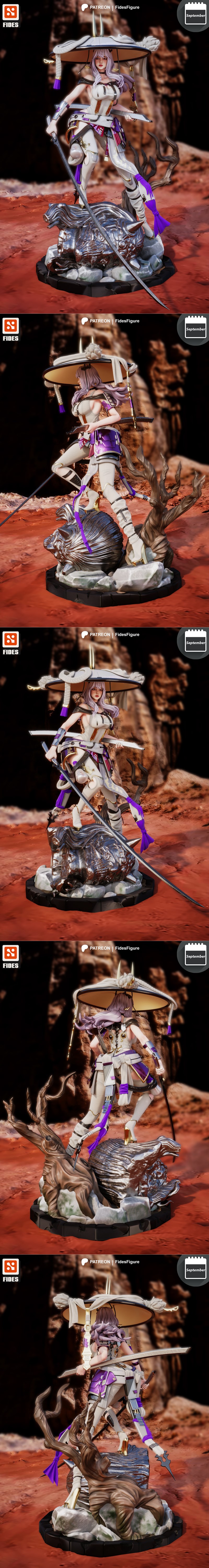 Fides Figure's Scarlet from Stellar Blade, a 3D printable model STL. She has long purple hair, wears a white and gold...