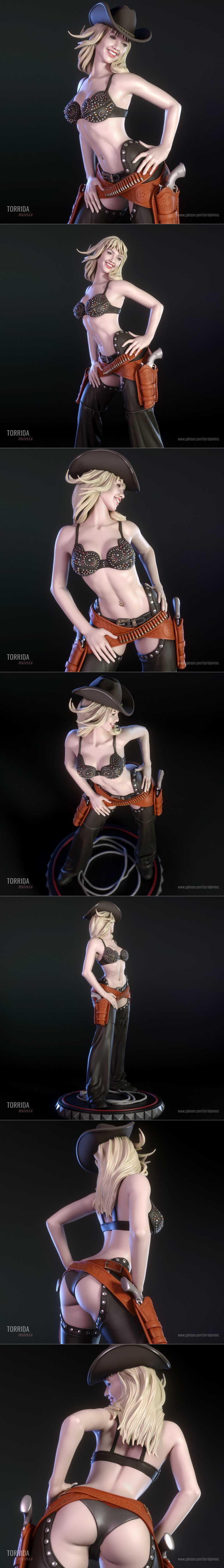 Nancy Callahan 3D model in cowgirl attire: studded bra, chaps, cowboy hat, holster with revolver. Posed dynamically o...