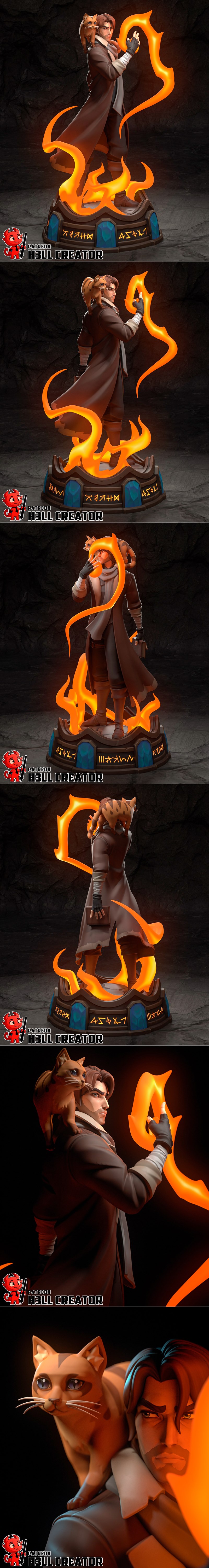 3D model of Caleb Widogast with a cat on his shoulder, conjuring orange magic with his hand. He wears a brown coat an...