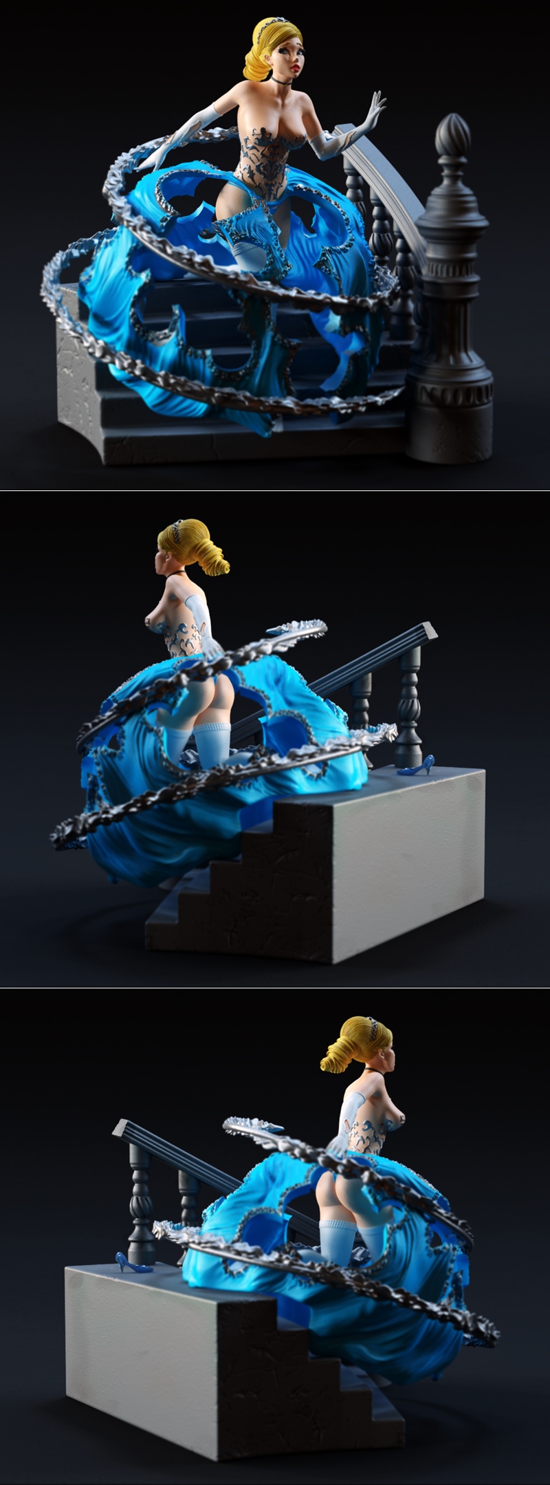 Stylized Cinderella figure with flowing blue ballgown and exposed upper body, standing on a stone staircase. Detailed...