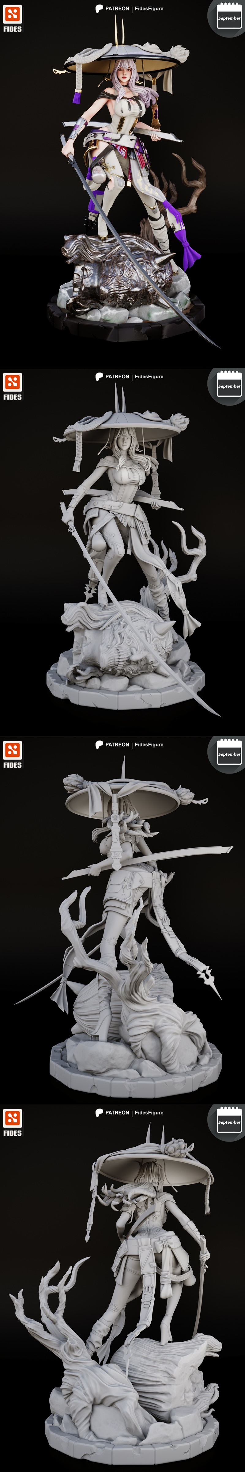 Fides Figure's Scarlet from Stellar Blade, a 3D printable model STL. She has long purple hair, wears a white and gold...