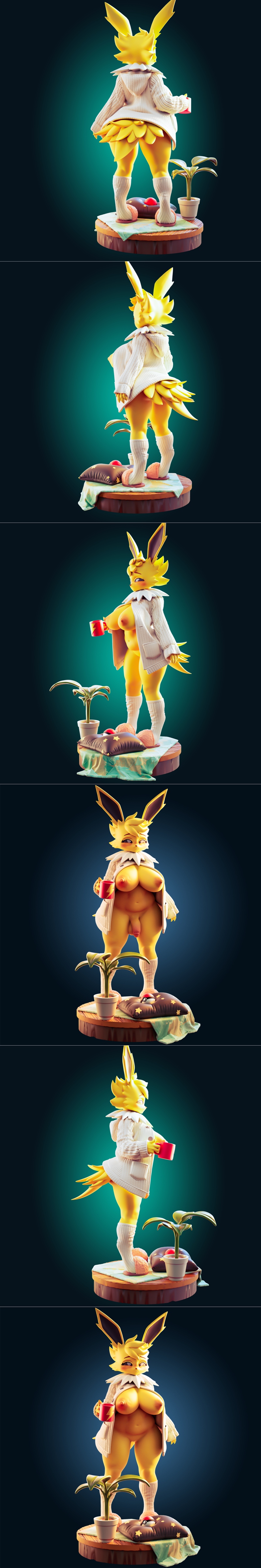 Anthropomorphic Jolteon character in a teal top and cream cardigan, holding a coffee mug, standing on a circular base...