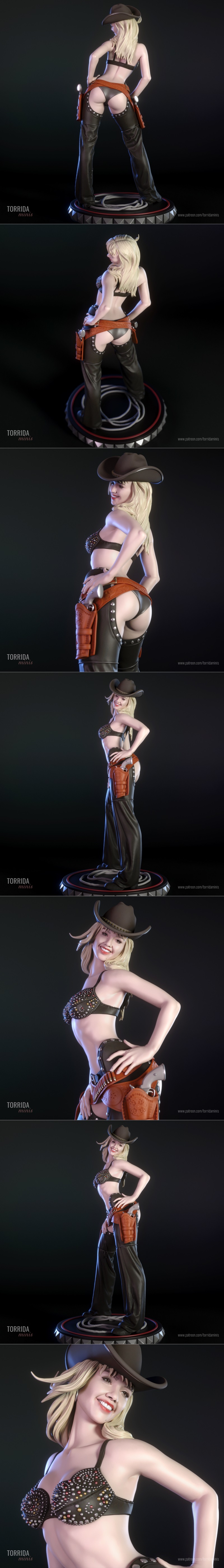 Nancy Callahan 3D model in cowgirl attire: studded bra, chaps, cowboy hat, holster with revolver. Posed dynamically o...