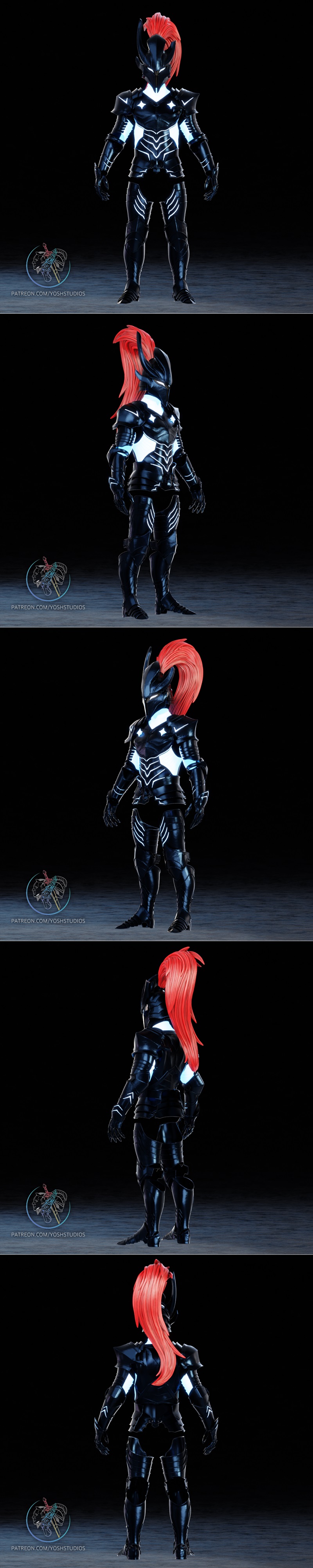 Two full-body 3D models of Igris Armor from Solo Leveling: one in metallic red, the other in black with white glowing...