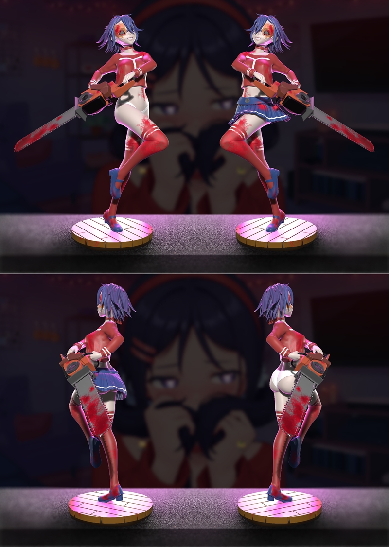 3D model of Mita-Miside from Chainsaw Man, wearing a red jacket, blue skirt, and red stockings, holding a pink chains...