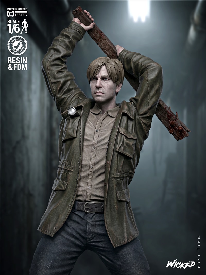 James Sunderland from Silent Hill, 1:6 scale figure, holding a wooden plank weapon overhead. He wears a green leather...