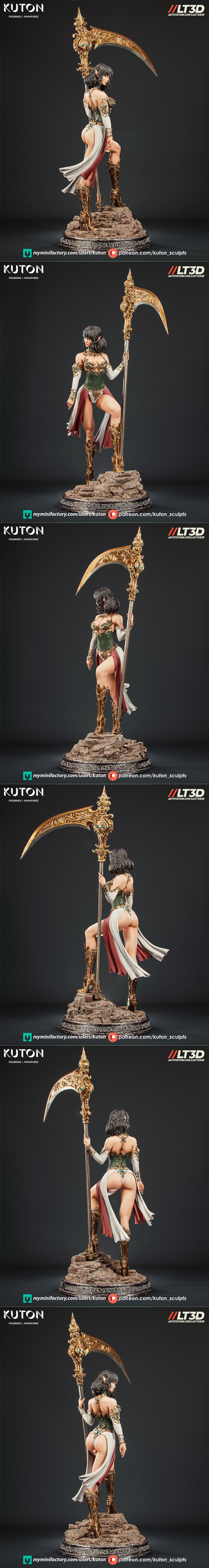 Fantasy figure of Luneth holding a large, ornate golden scythe, standing on a rocky base. She wears a revealing green...
