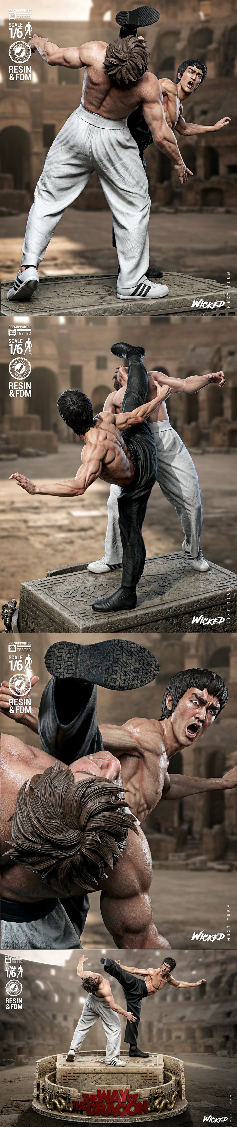 1/6 scale 3D printable diorama of a martial arts fight scene at the Colosseum, with two figures in dynamic poses, one...