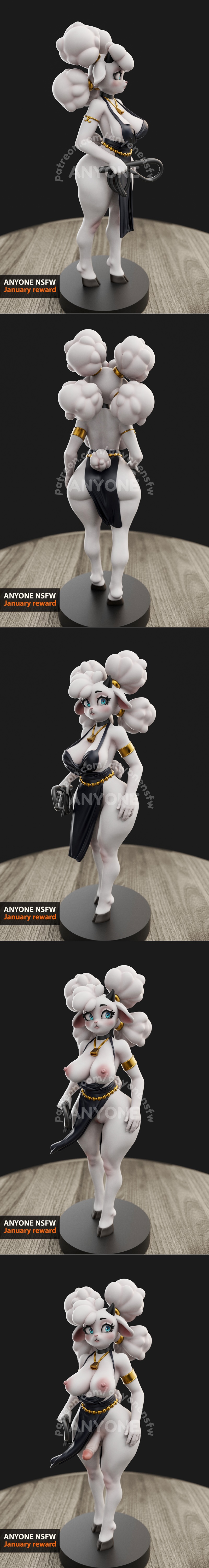 Anthropomorphic sheep character 'The Sheep' by AnyoneNSFW, wearing a black revealing dress and gold jewelry, with flu...