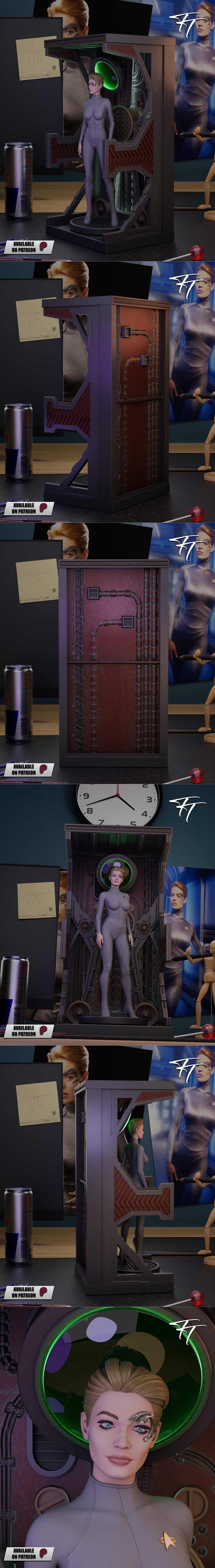 Seven of Nine 3D model figure in a grey uniform, standing in a futuristic display case. Cybernetic eye detail visible...