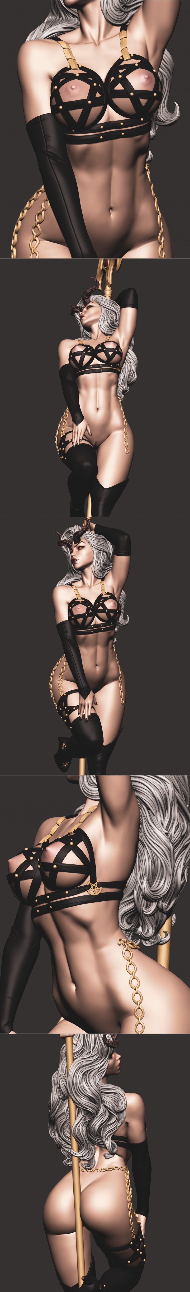 Satana Hellstrom 3D model figure, wearing revealing black leather outfit with gold chains, holding a golden trident,...