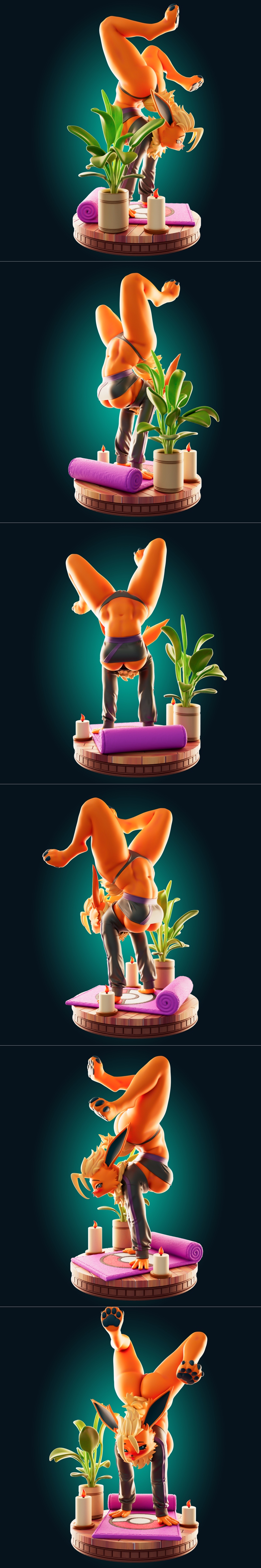 Officer Rhu's 3D model of Flareon performing a handstand yoga pose, with a plant, candles, and yoga mat on the base.