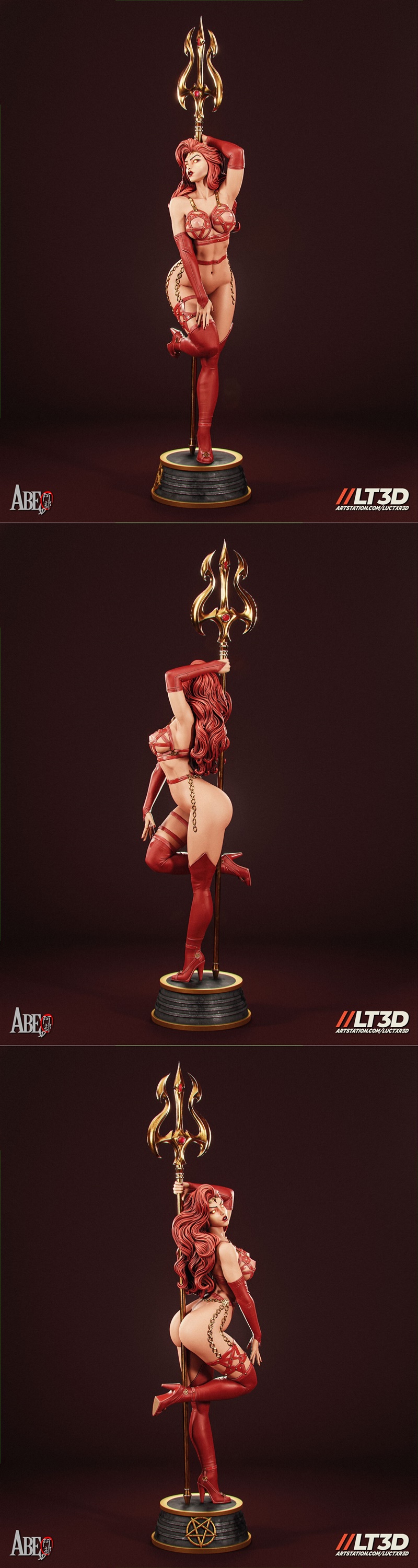 Satana Hellstrom 3D model figure, wearing revealing black leather outfit with gold chains, holding a golden trident,...