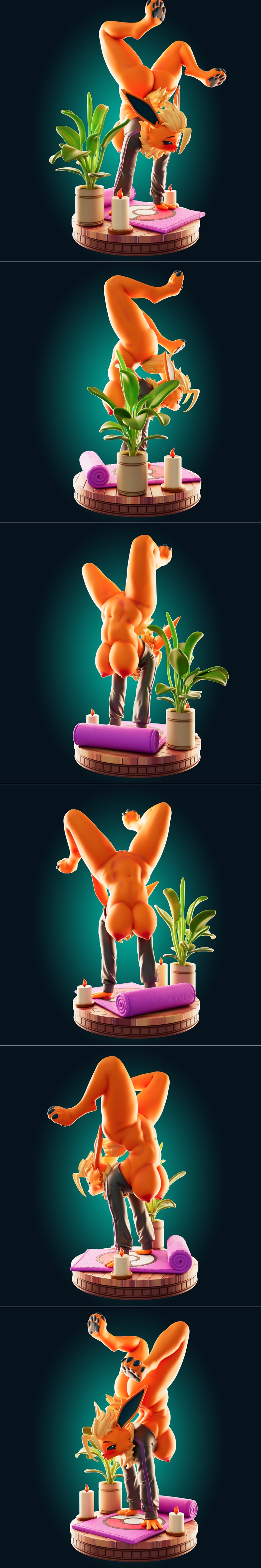 Officer Rhu's 3D model of Flareon performing a handstand yoga pose, with a plant, candles, and yoga mat on the base.