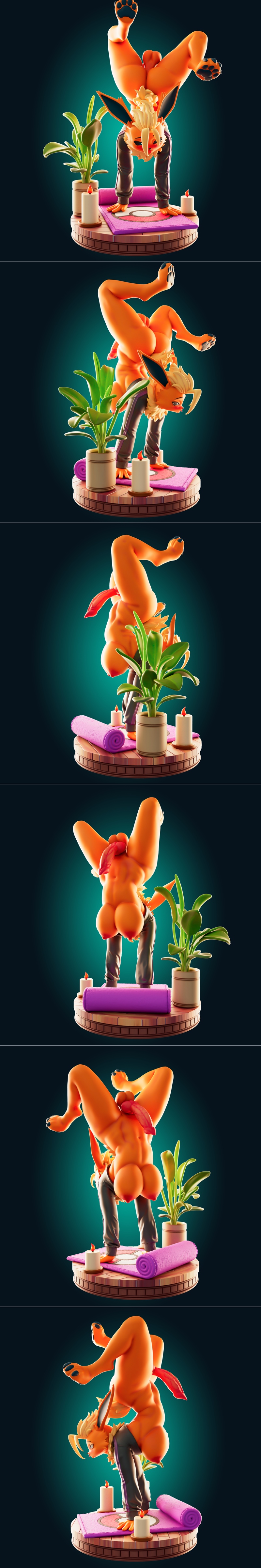 Officer Rhu's 3D model of Flareon performing a handstand yoga pose, with a plant, candles, and yoga mat on the base.