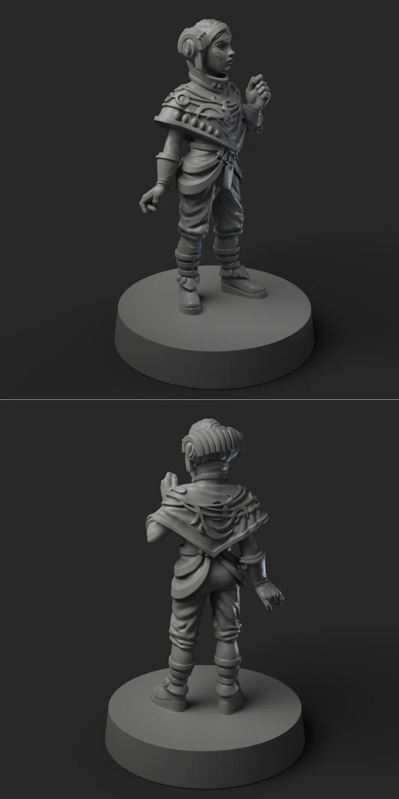 3D model of Riyo Chuchi from Star Wars, standing on a base. She wears ornate armor and layered clothing, with Twi'lek...