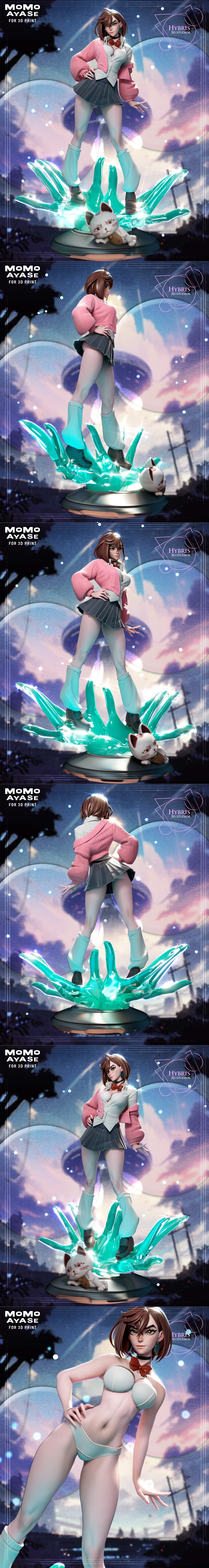 Hybris Studios 3D model of Momo Ayase from Chainsaw Man, wearing a school uniform and pink cardigan, standing on a gl...