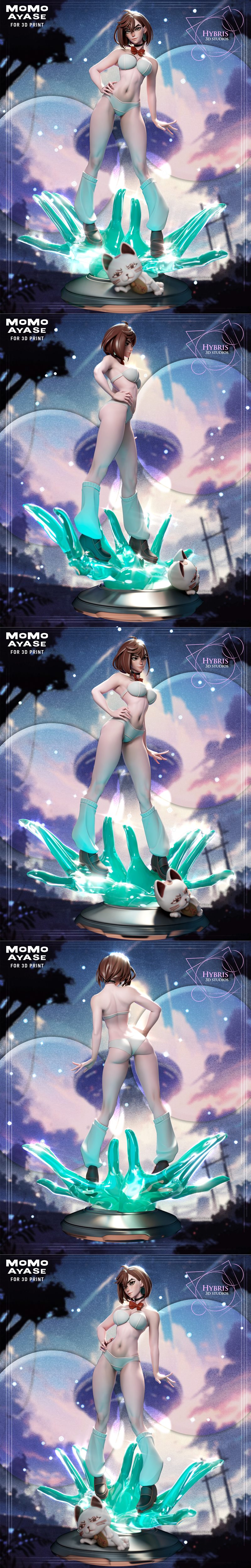 Hybris Studios 3D model of Momo Ayase from Chainsaw Man, wearing a school uniform and pink cardigan, standing on a gl...