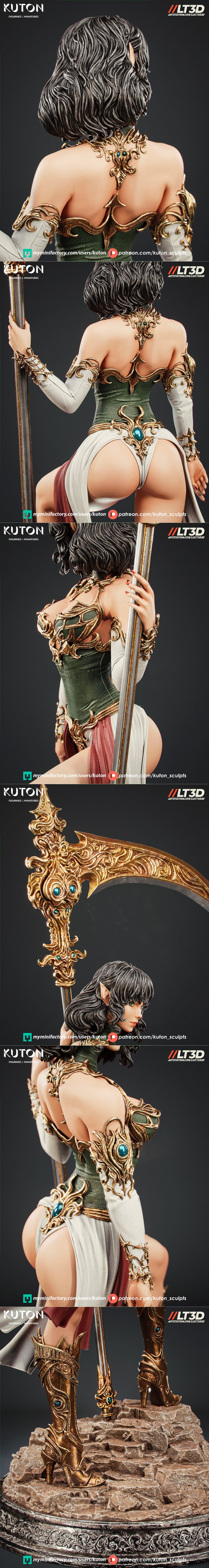 Fantasy figure of Luneth holding a large, ornate golden scythe, standing on a rocky base. She wears a revealing green...