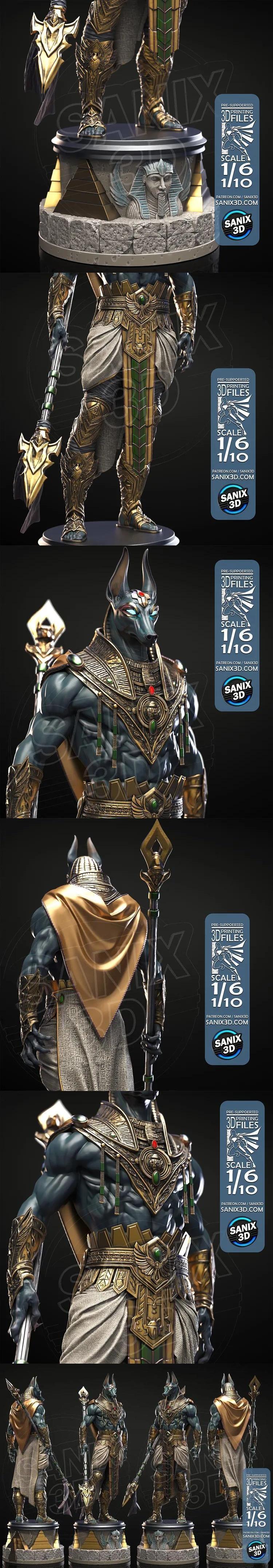 Anubis figure with jackal head, ornate gold armor, kilt, and staff, standing on a detailed Egyptian-themed base. Scal...