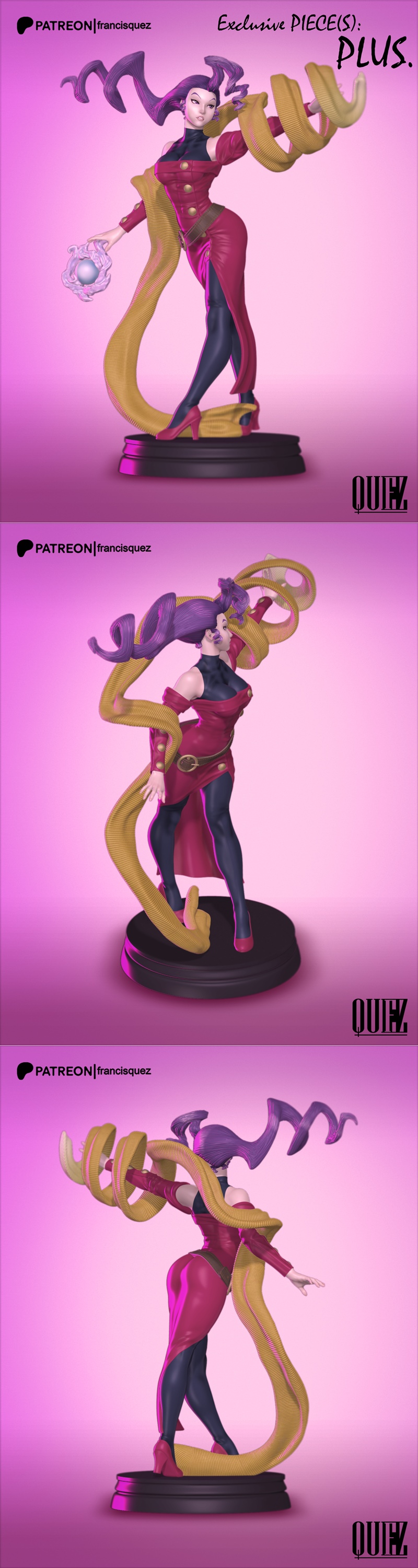 Francis Quez 1/6 scale 3D print model of Rose from Street Fighter, depicted in a Bishoujo art style with flowing purp...