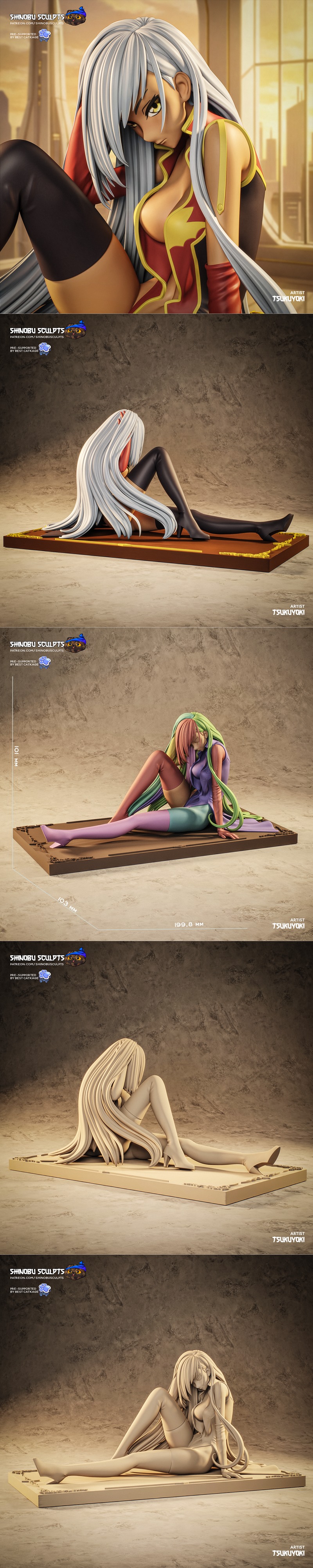 Villetta Nu from Code Geass sitting on a wooden base, wearing a revealing red and yellow outfit with black stockings...