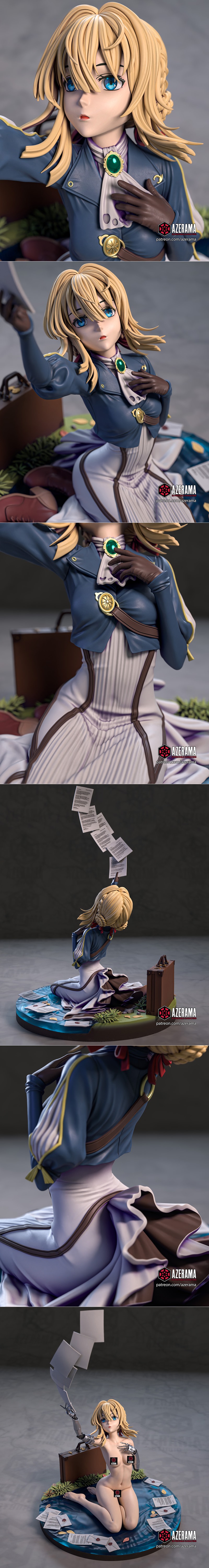 3D printable figure of Violet Evergarden from the anime, sitting amidst scattered letters with a suitcase nearby, hol...