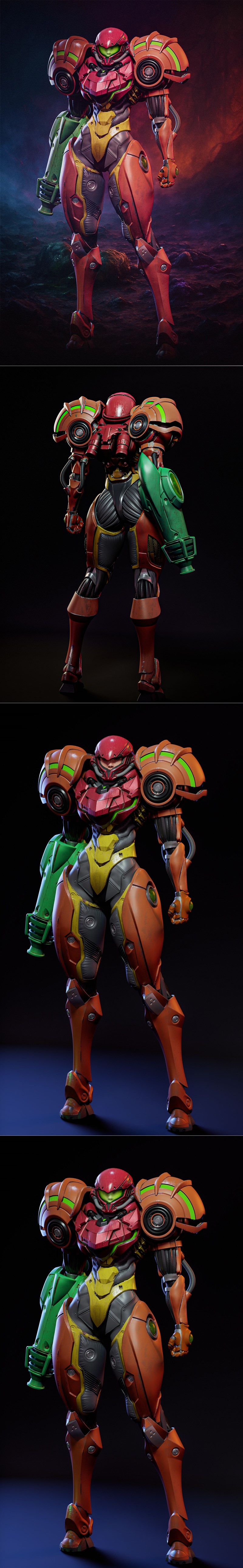 Samus Aran in her red and orange Power Suit, holding a green arm cannon, standing on a rocky alien terrain. Detailed...