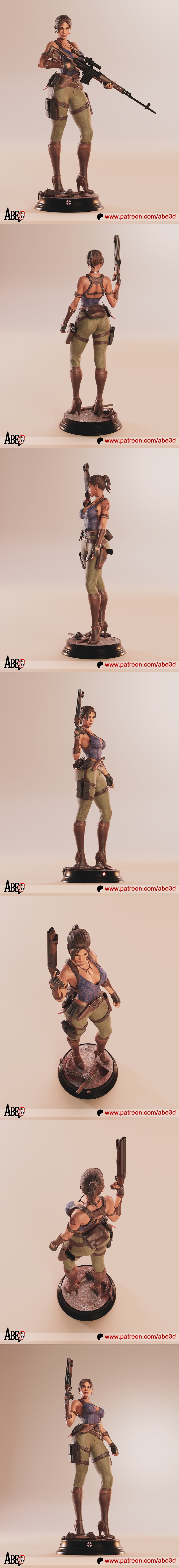 Sheva Alomar 3D model by Abe3D, holding a shotgun, wearing a blue corset, tactical pants, and boots, standing on a de...