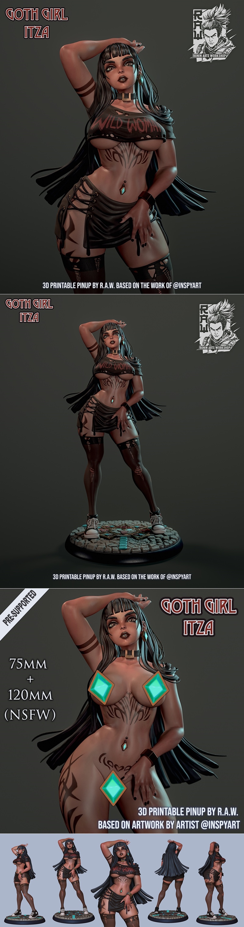 Goth Girl Itza 3D printable figure by Ronin Arts Workshop, wearing a "Wild Woman" crop top and a laced skir...