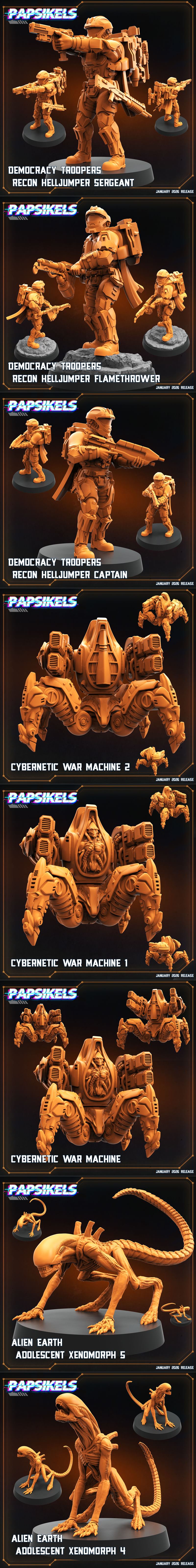 Collection of 3D printable sci-fi miniatures: Xenomorphs and cybernetic human marines in combat poses, with futuristi...