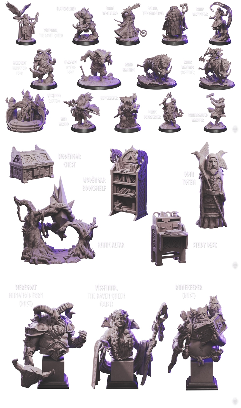 Collection of fantasy miniatures and terrain pieces from Loot Studios, including a tower, forest structure, and vario...
