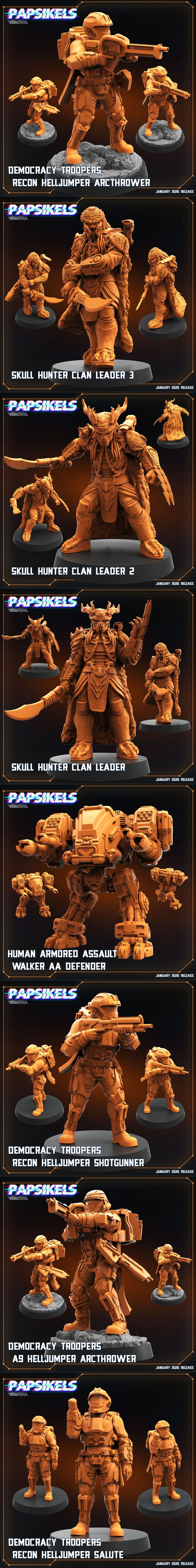 Collection of 3D printable sci-fi miniatures: Xenomorphs and cybernetic human marines in combat poses, with futuristi...