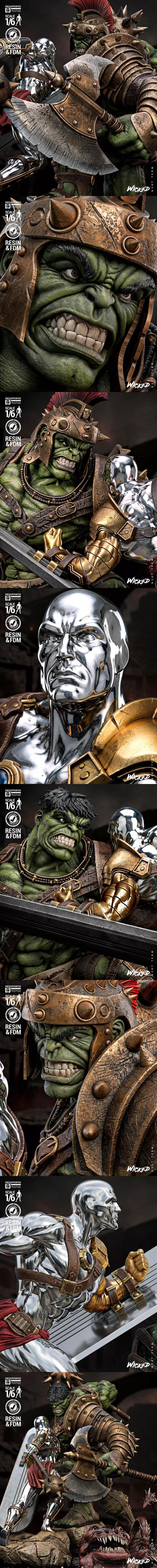 Planet Hulk gladiator figure wielding a spiked mace, battling a metallic warrior with a shield and mace, surrounded b...