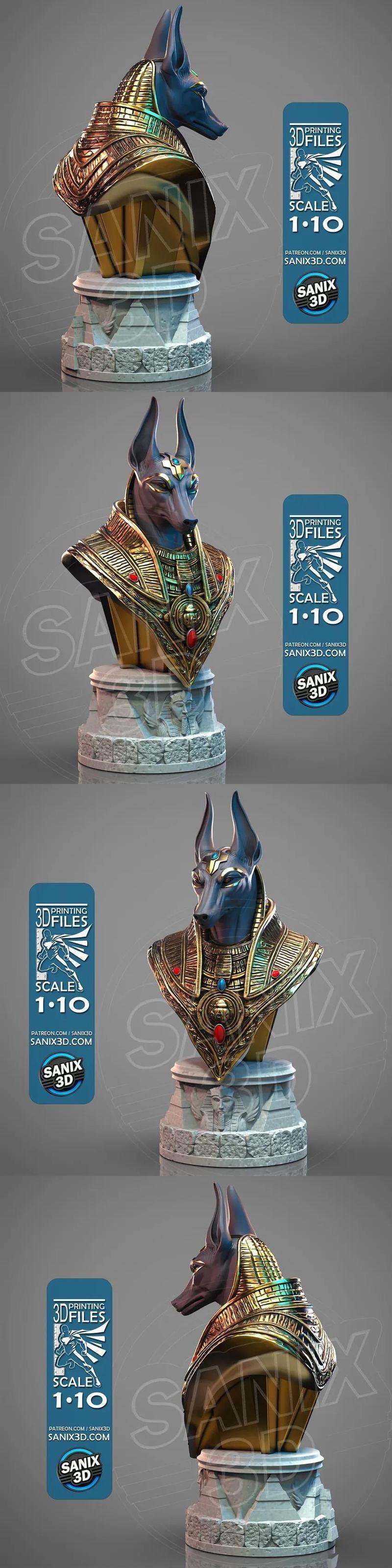 3D printable bust of Anubis, the Egyptian god, with a jackal head, wearing ornate gold armor with red and blue gems,...