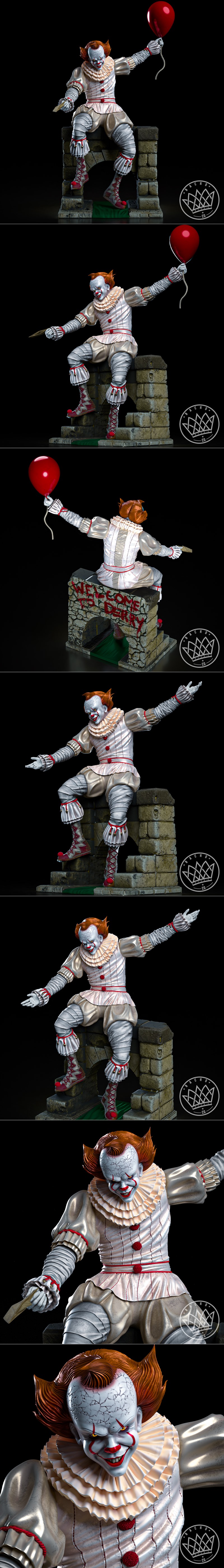 Pennywise the clown statue, seated on a stone structure, wearing a ruffled collar, white and pink suit, and red-laced...