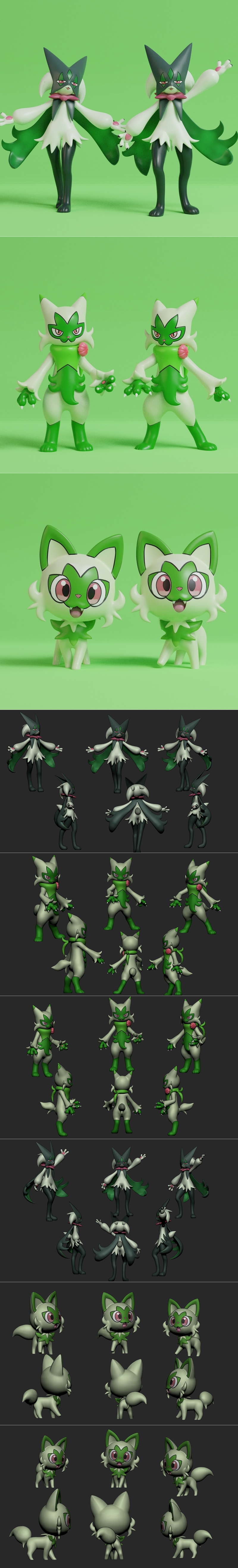 3D printed figures of Sprigatito, Floragato, and Meowscarada from Pokemon, posed against a green background. Sprigati...