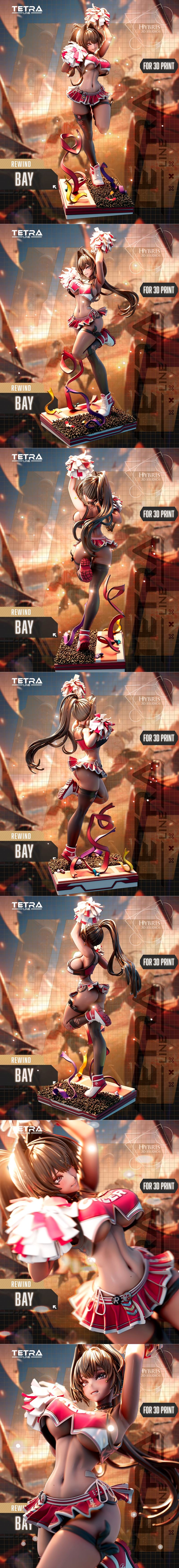 Hybris Studios Nikke Bay 3D model figure in cheerleader outfit with pom-poms, dynamic pose on a detailed base.