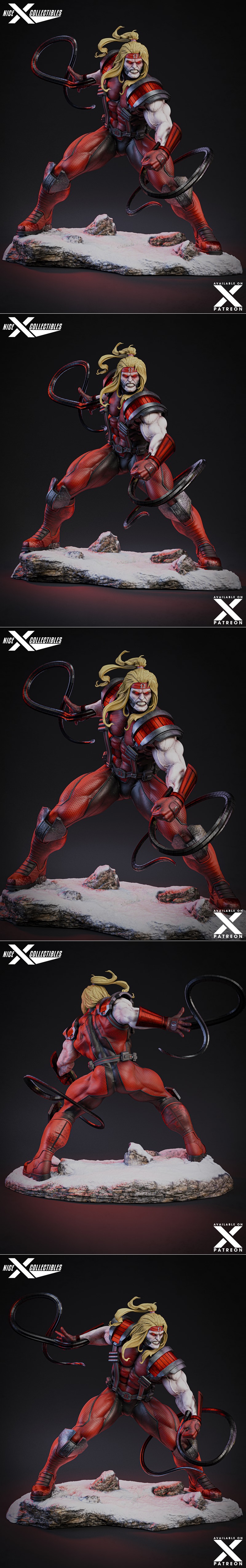 1:6 scale 3D print model of Marvel's Omega Red in a dynamic pose, holding coiled tentacles, wearing red and black arm...