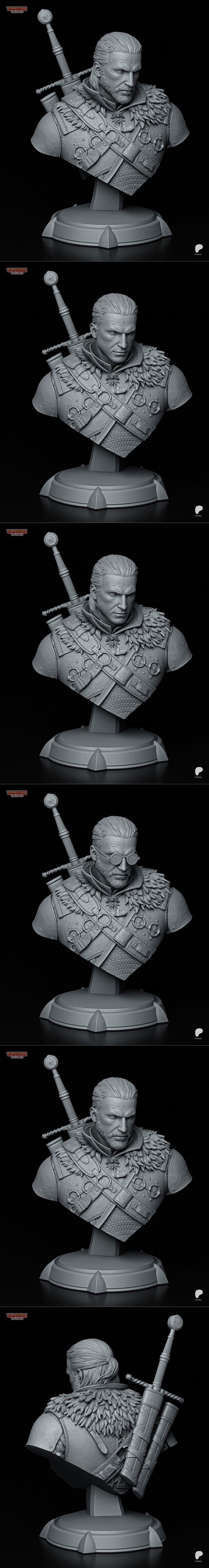Bust of Geralt of Rivia from The Witcher, featuring scars, beard, fur-lined armor, and sword hilt. Model by Tanuki Fi...