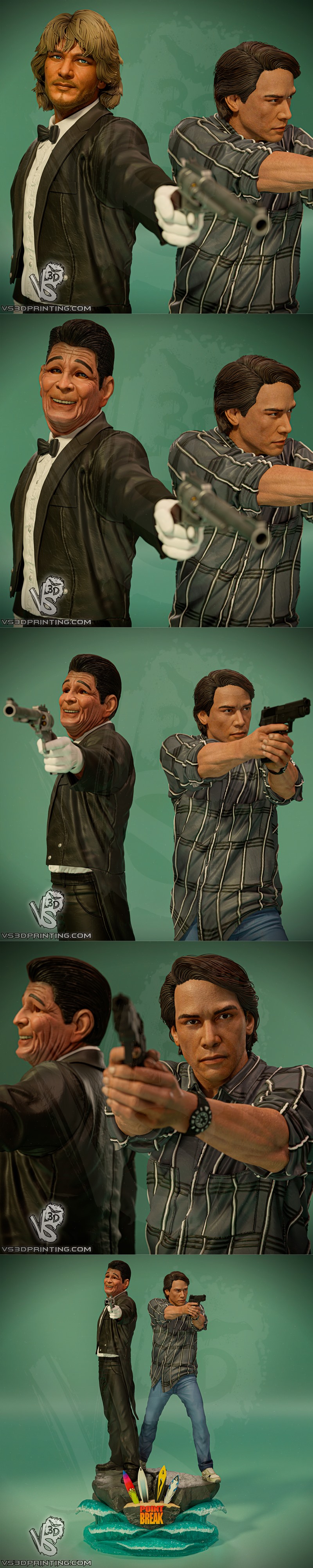 3D models of two men from the movie Point Break, holding guns, with large waves in the background. One man wears a bl...