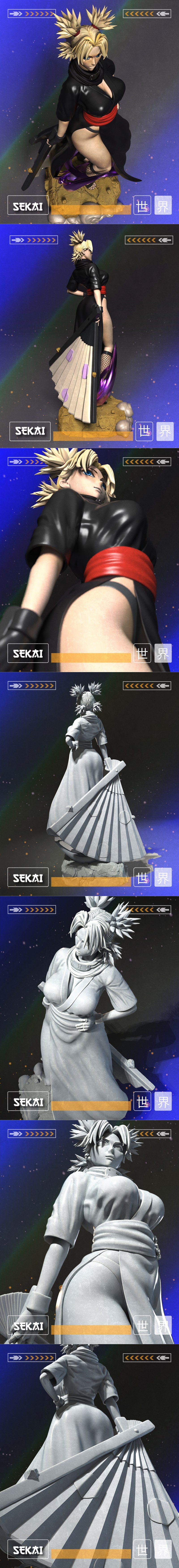 Temari from Naruto anime series, depicted as a 3D printable figure. She wears a black kimono with a red sash, fishnet...